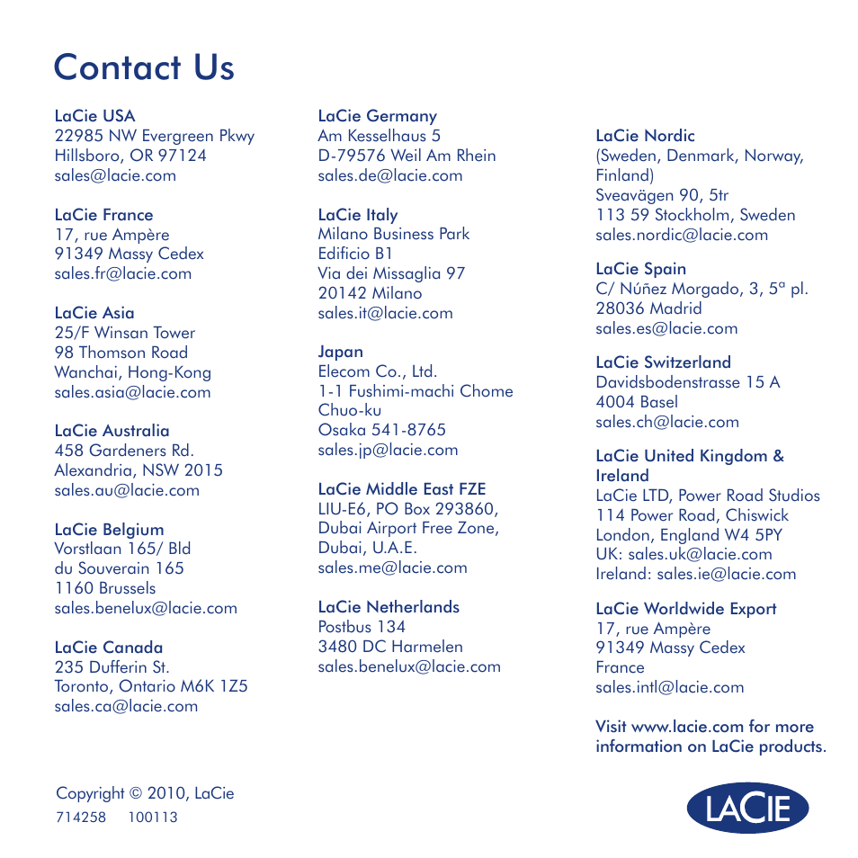 Contact us | LaCie 2big USB 3.0 User Manual | Page 42 / 42