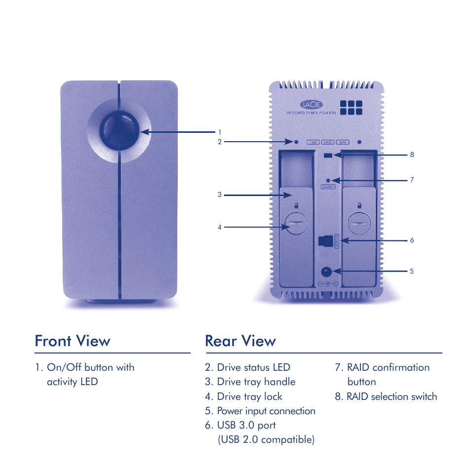 Front view, Rear view | LaCie 2big USB 3.0 User Manual | Page 5 / 42