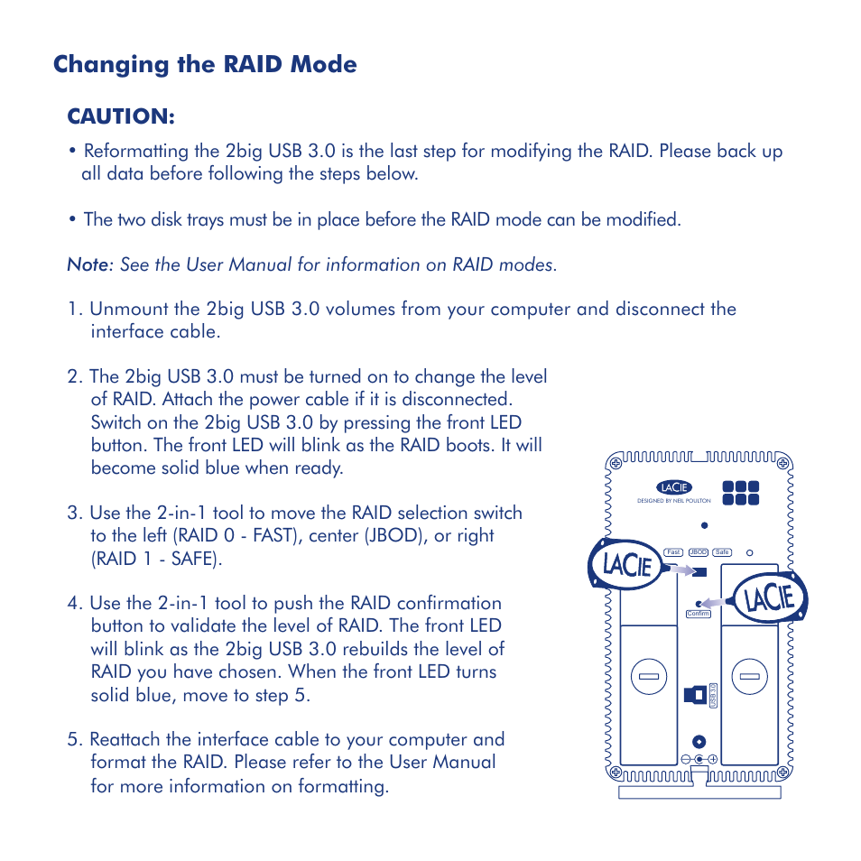 Changing the raid mode, Caution | LaCie 2big USB 3.0 User Manual | Page 8 / 42