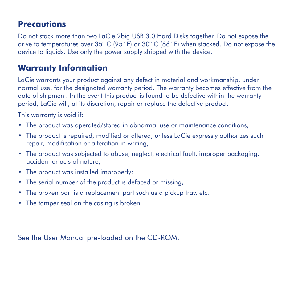 Precautions, Warranty information | LaCie 2big USB 3.0 User Manual | Page 9 / 42