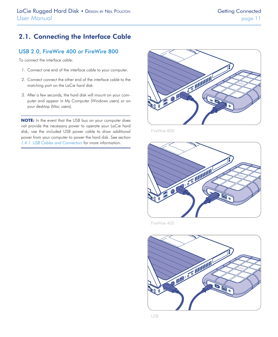 Connecting the interface cable, Connecting the interface cable 2.1, User manual | Lacie rugged hard disk | LaCie Rugged Hard Disk User Manual | Page 11 / 28