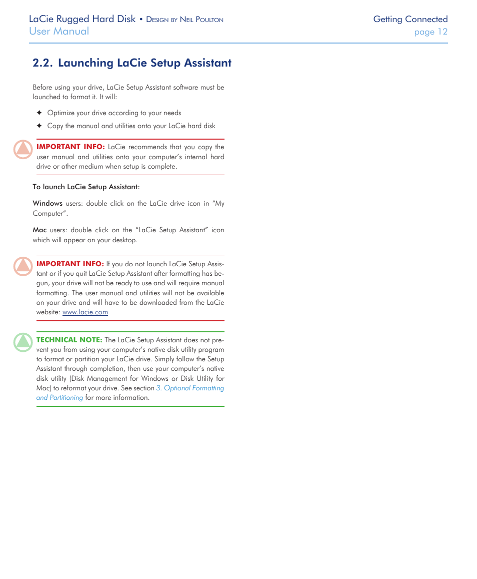 Launching lacie setup assistant, Launching lacie setup assistant 2.2, User manual | Lacie rugged hard disk | LaCie Rugged Hard Disk User Manual | Page 12 / 28