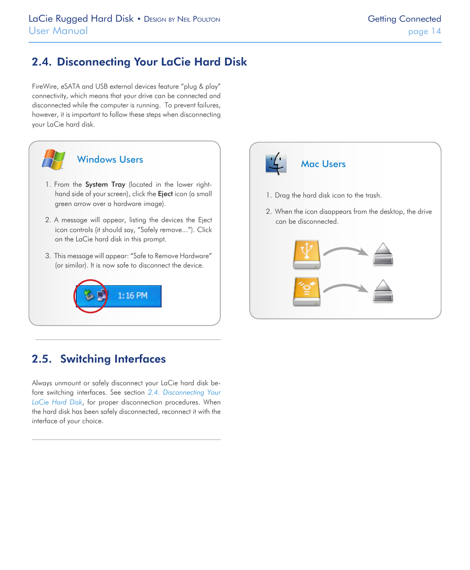 Disconnecting your lacie hard disk, Switching interfaces, Disconnecting your lacie hard disk 2.4 | Switching interfaces 2.5, User manual | LaCie Rugged Hard Disk User Manual | Page 14 / 28