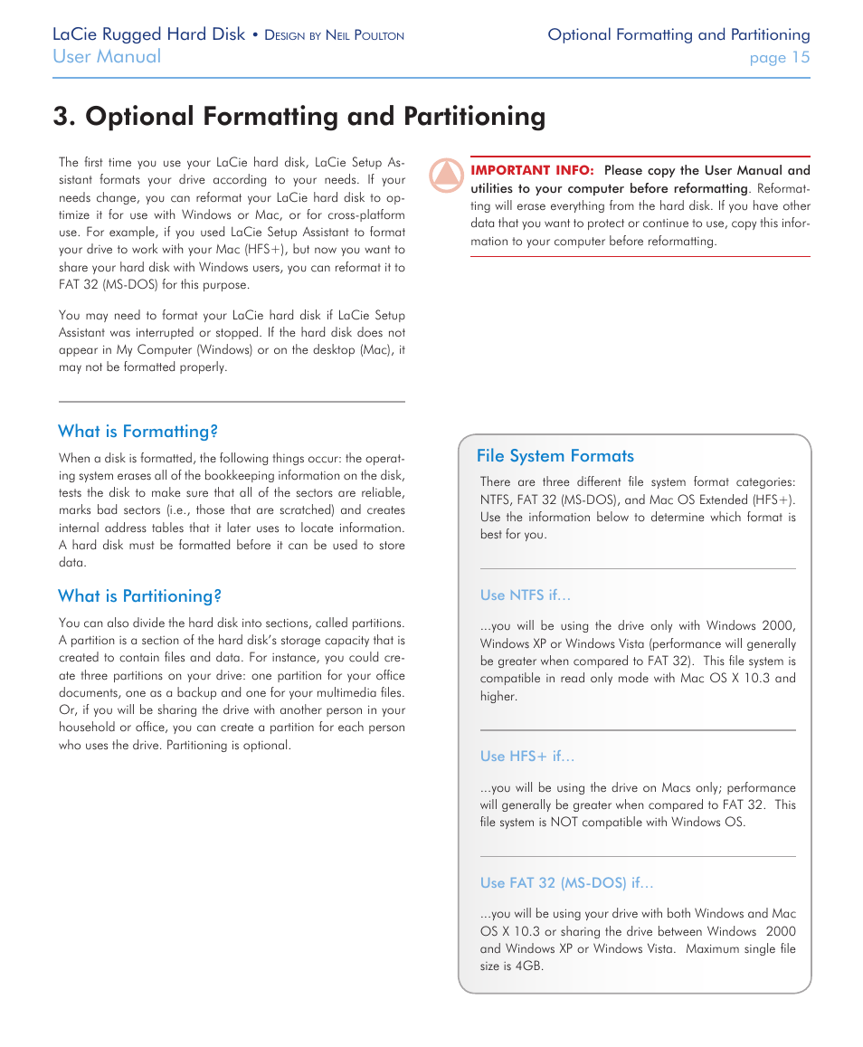 Optional formatting and partitioning, Optional formatting and partitioning 3, User manual | LaCie Rugged Hard Disk User Manual | Page 15 / 28