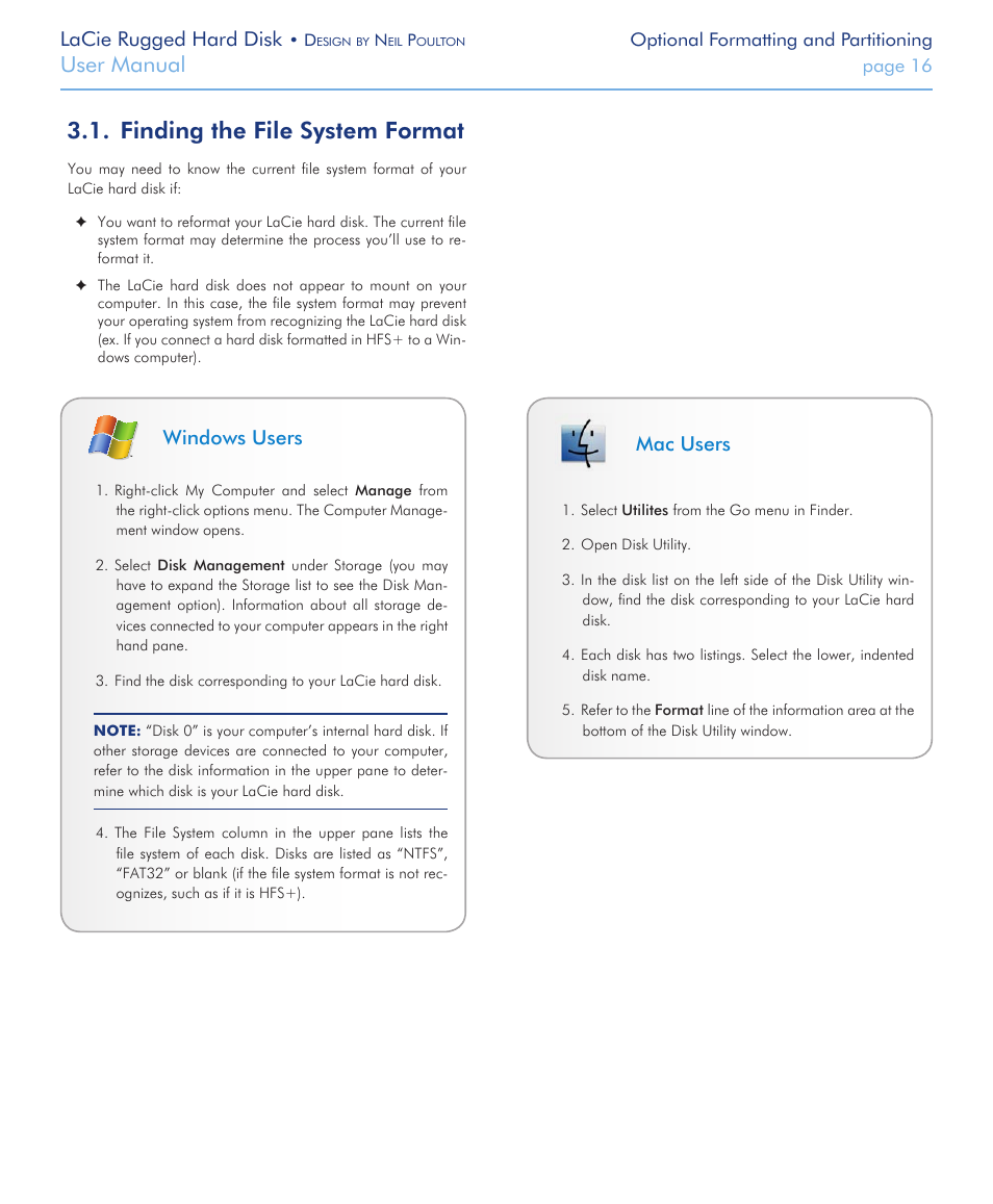 Finding the file system format, Finding the file system format 3.1, User manual | Lacie rugged hard disk, Windows users, Mac users | LaCie Rugged Hard Disk User Manual | Page 16 / 28