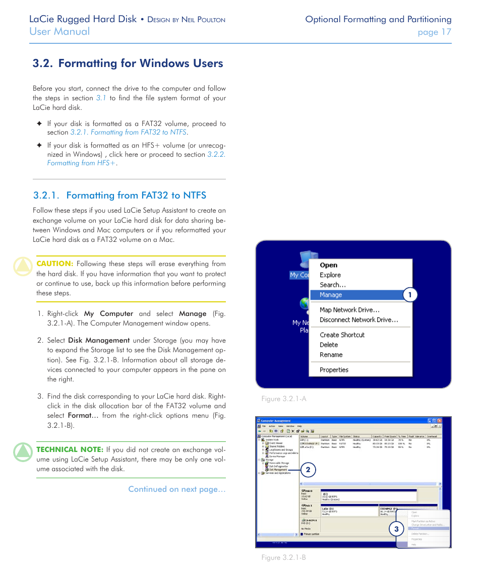 Formatting for windows users, Formatting from fat32 to ntfs, Formatting for windows users 3.2 | User manual, Lacie rugged hard disk | LaCie Rugged Hard Disk User Manual | Page 17 / 28