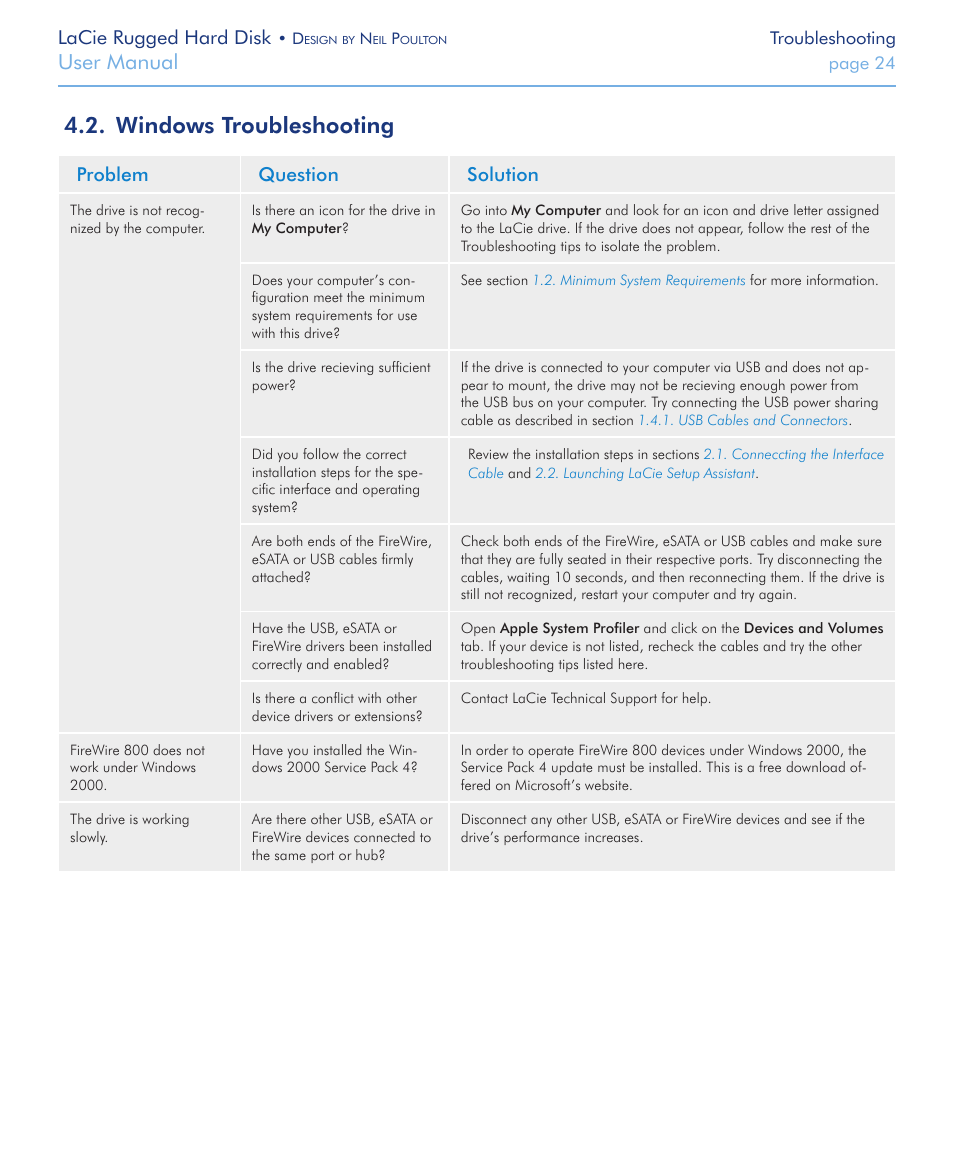 Windows troubleshooting, Windows troubleshooting 4.2, User manual | Lacie rugged hard disk, Problem question solution | LaCie Rugged Hard Disk User Manual | Page 24 / 28