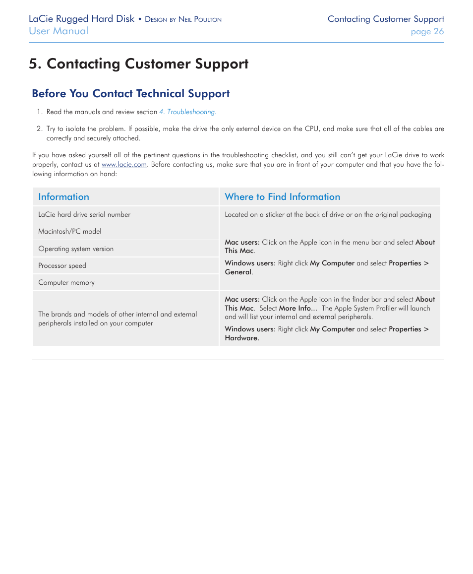 Contacting customer support, Contacting customer support 5, Before you contact technical support | User manual | LaCie Rugged Hard Disk User Manual | Page 26 / 28