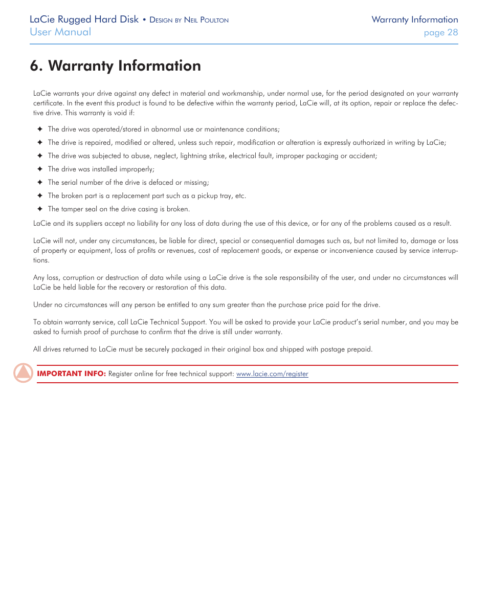 Warranty information, Warranty information 6, User manual | Lacie rugged hard disk | LaCie Rugged Hard Disk User Manual | Page 28 / 28