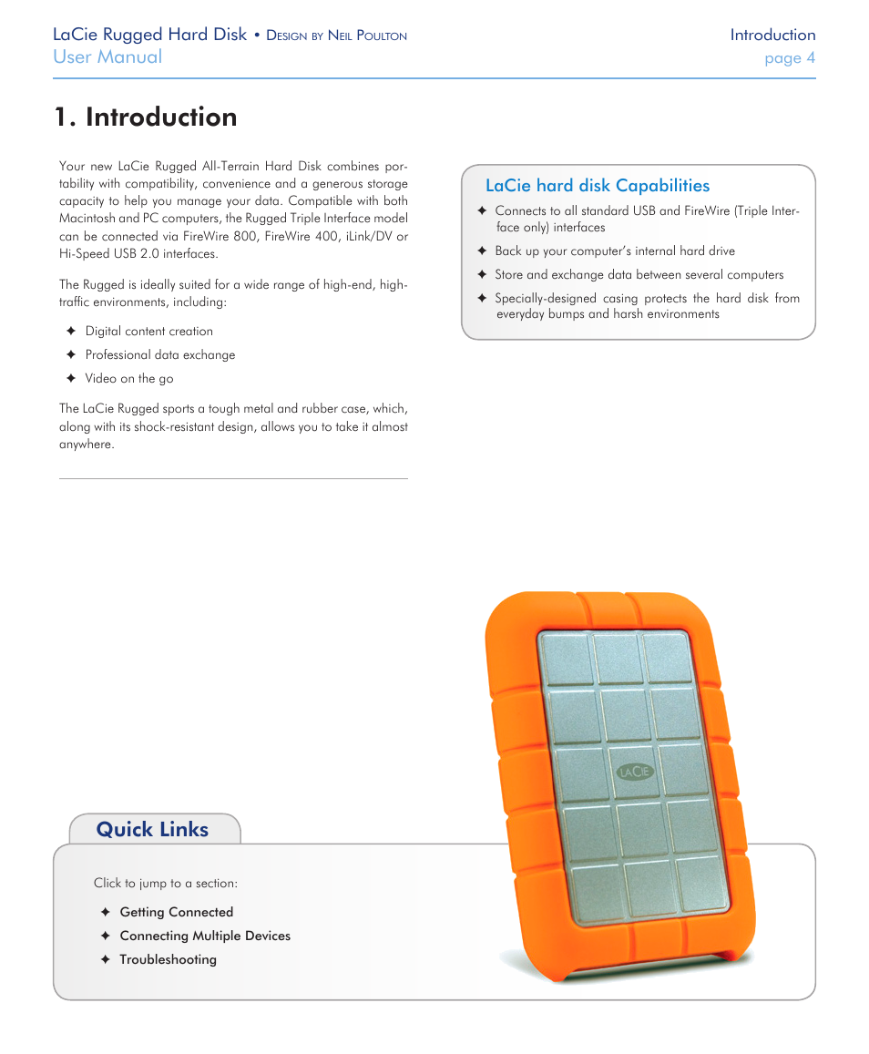 Introduction, Introduction 1, Quick links | User manual, Lacie rugged hard disk, Lacie hard disk capabilities | LaCie Rugged Hard Disk User Manual | Page 4 / 28