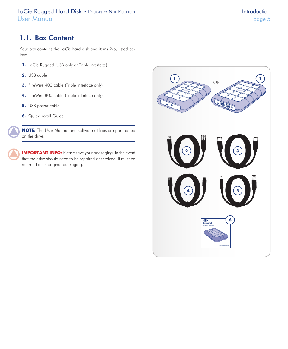 Box content, Box content 1.1, User manual | Lacie rugged hard disk | LaCie Rugged Hard Disk User Manual | Page 5 / 28