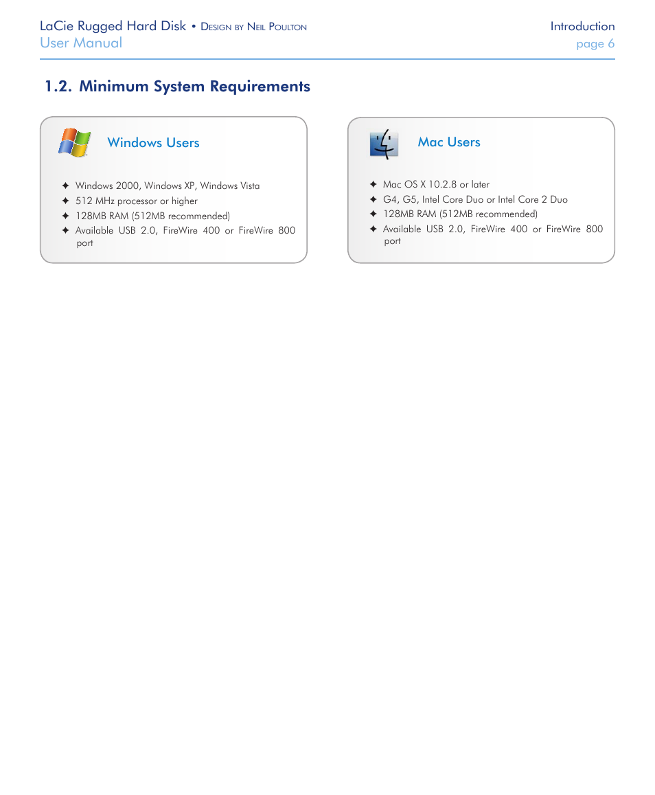 Minimum system requirements, Minimum system requirements 1.2, User manual | Lacie rugged hard disk, Mac users, Windows users | LaCie Rugged Hard Disk User Manual | Page 6 / 28