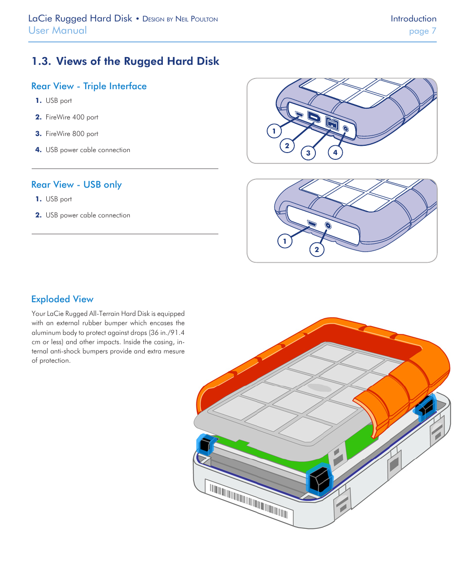 Views of the rugged hard disk, Views of the rugged hard disk 1.3, User manual | Lacie rugged hard disk, Exploded view, Rear view - triple interface, Rear view - usb only | LaCie Rugged Hard Disk User Manual | Page 7 / 28