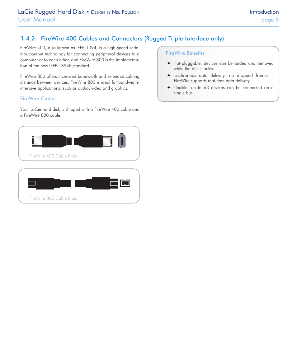 Firewire 400 cables and connectors, User manual, Lacie rugged hard disk | LaCie Rugged Hard Disk User Manual | Page 9 / 28