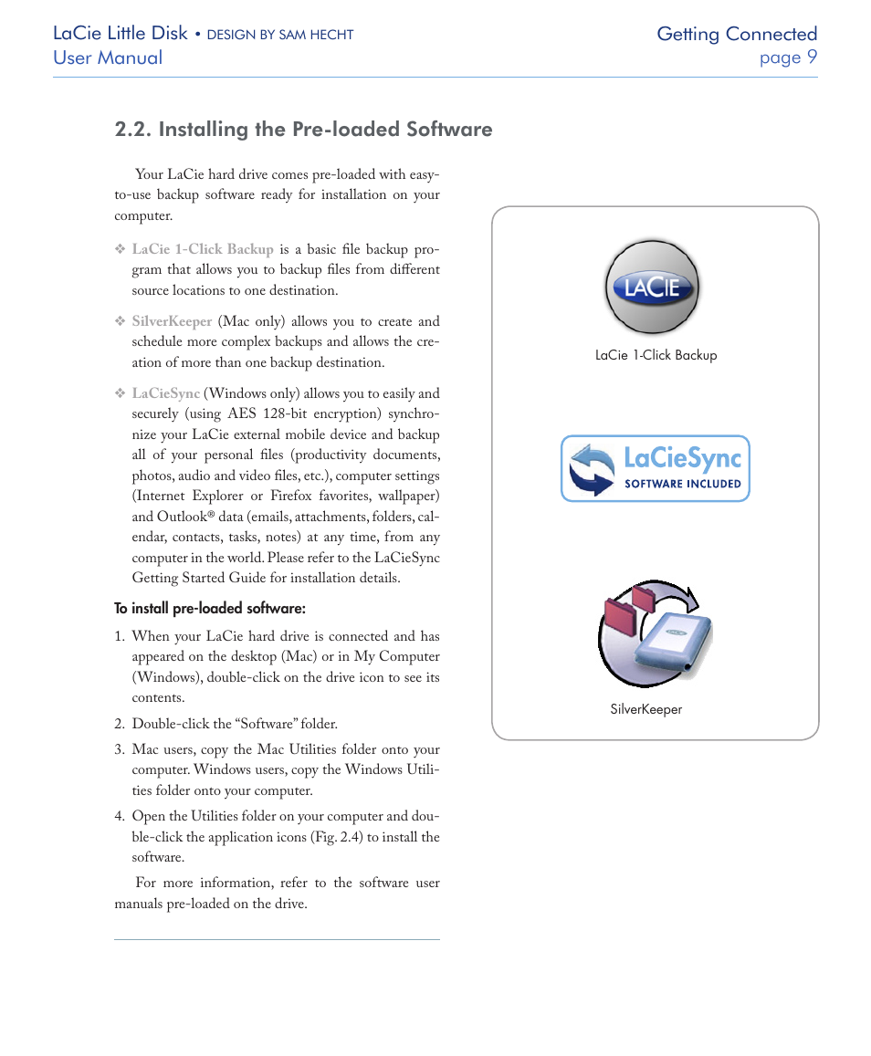 Installing the pre-loaded software, Lacie little disk, User manual page  getting connected | LaCie LITTLE DISK USB 2.0 User Manual | Page 10 / 23
