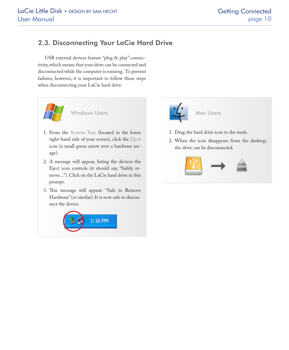 Disconnecting your lacie hard drive | LaCie LITTLE DISK USB 2.0 User Manual | Page 11 / 23