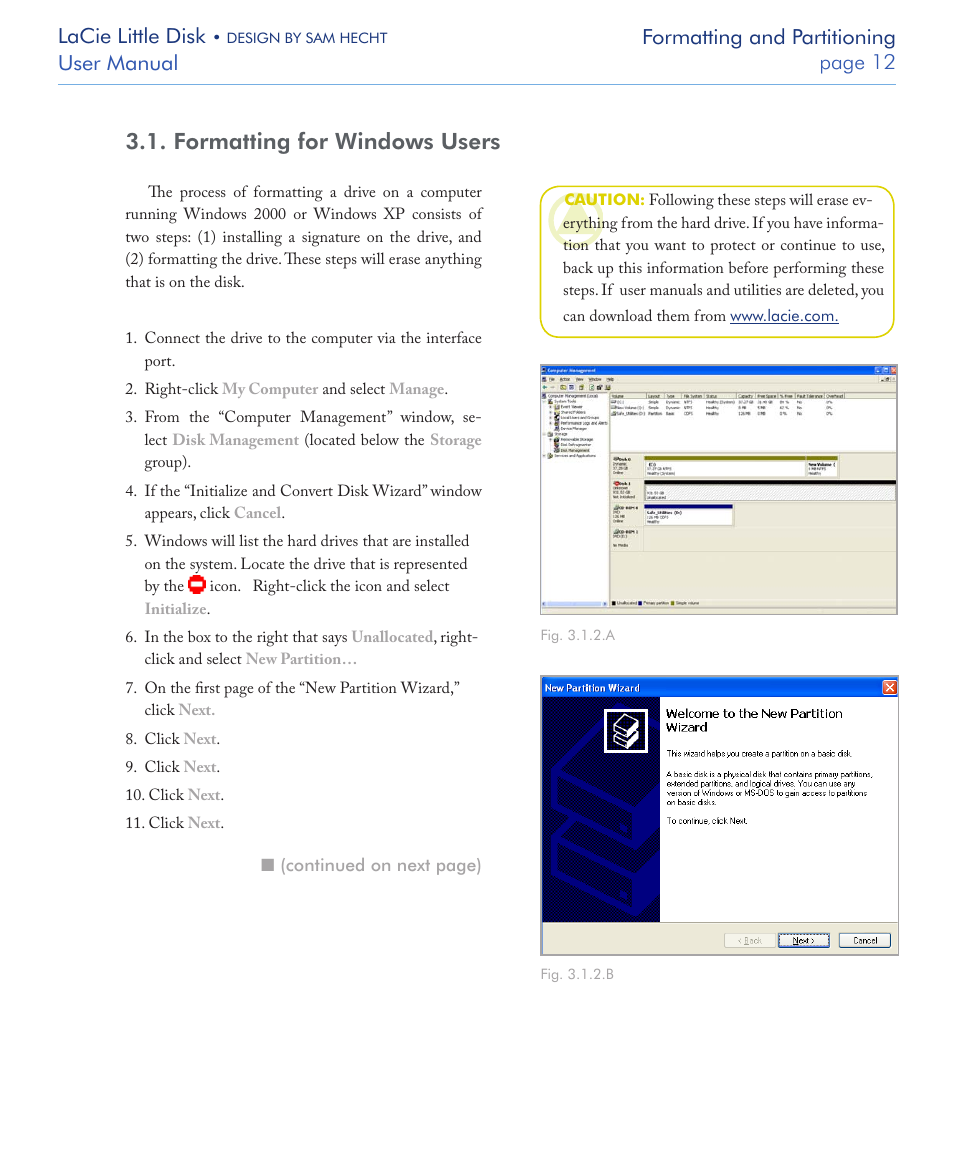 Formatting for windows users, Lacie little disk, User manual page  formatting and partitioning | LaCie LITTLE DISK USB 2.0 User Manual | Page 13 / 23