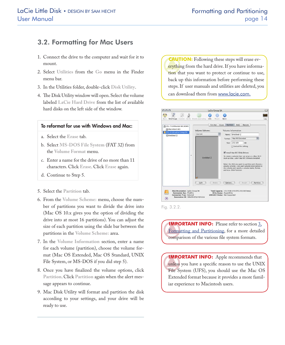 Formatting for mac users, Lacie little disk, User manual page  formatting and partitioning | LaCie LITTLE DISK USB 2.0 User Manual | Page 15 / 23