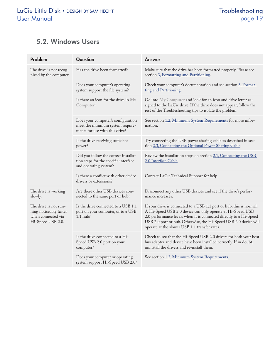 Windows users, Lacie little disk, User manual page  troubleshooting | LaCie LITTLE DISK USB 2.0 User Manual | Page 20 / 23