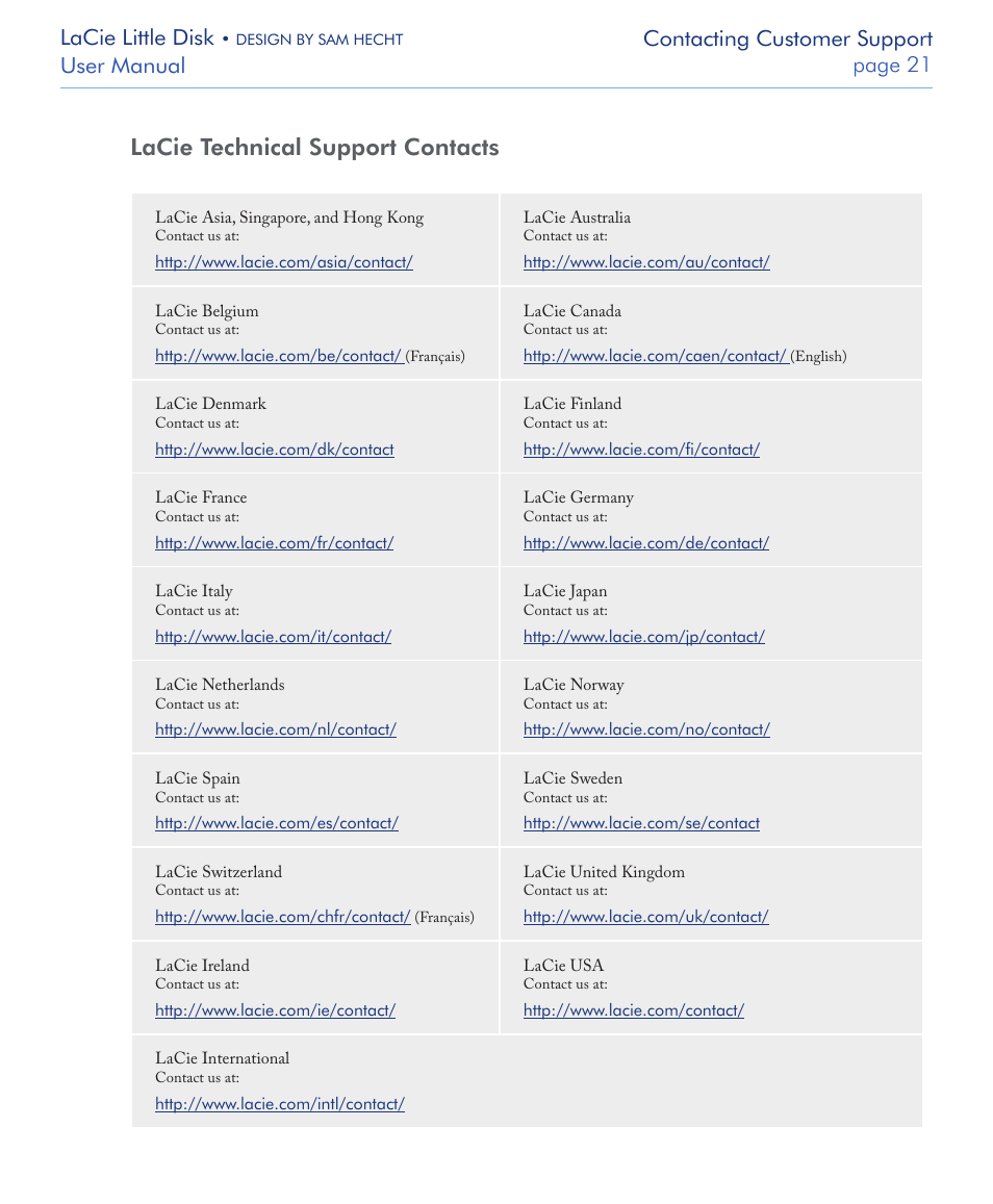 Lacie technical support contacts, Lacie little disk, User manual page  contacting customer support | LaCie LITTLE DISK USB 2.0 User Manual | Page 22 / 23