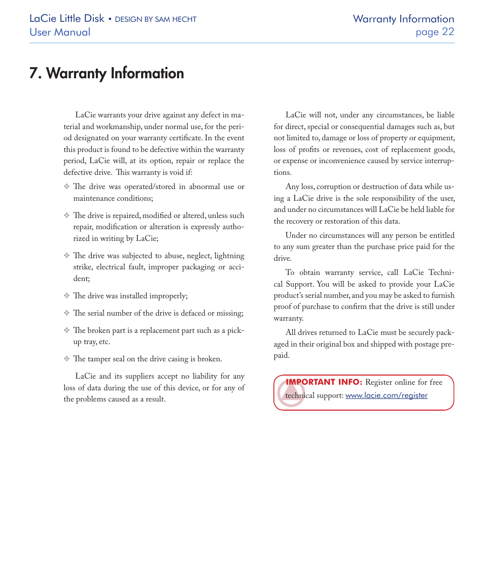 Warranty information, Lacie little disk, User manual page  warranty information | LaCie LITTLE DISK USB 2.0 User Manual | Page 23 / 23