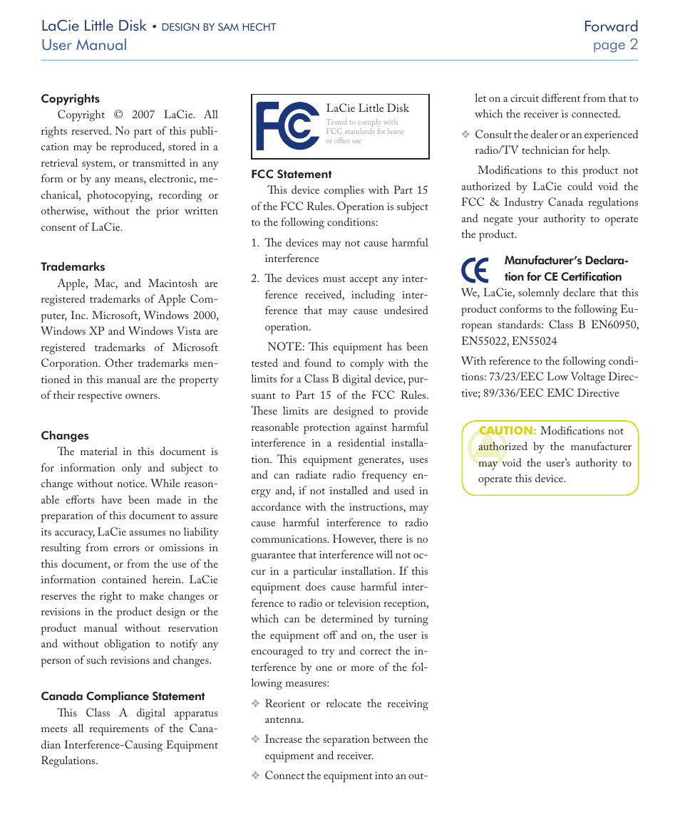 Lacie little disk, User manual page  forward | LaCie LITTLE DISK USB 2.0 User Manual | Page 3 / 23
