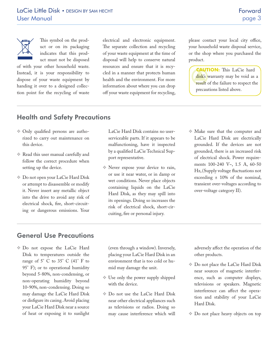 Health and safety precautions, General use precautions, Lacie little disk | User manual page  forward | LaCie LITTLE DISK USB 2.0 User Manual | Page 4 / 23