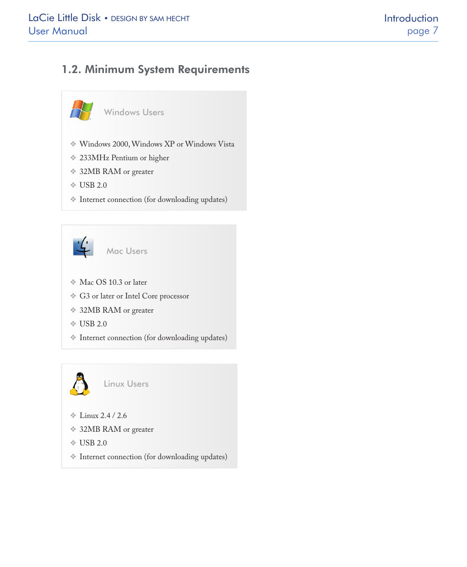 Minimum system requirements | LaCie LITTLE DISK USB 2.0 User Manual | Page 8 / 23