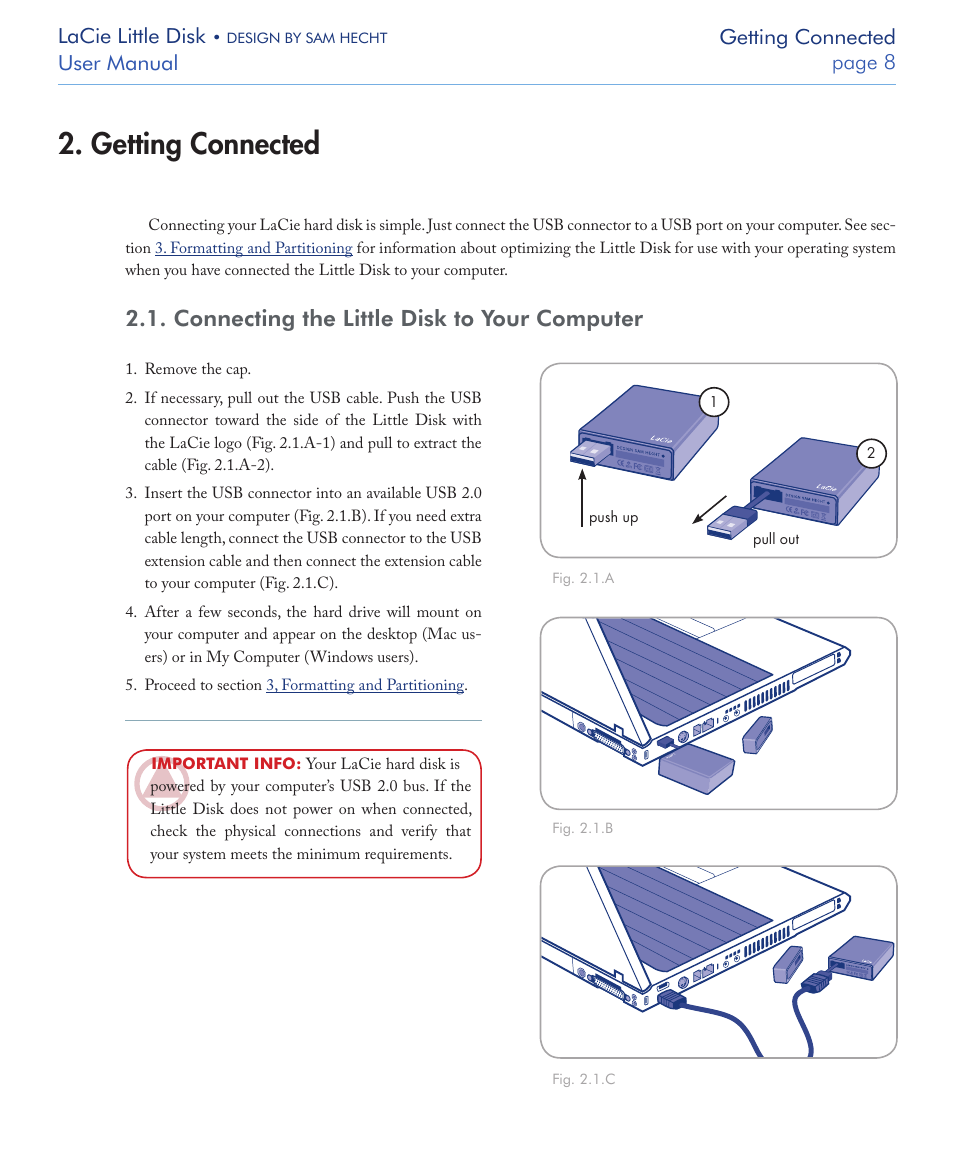 Getting connected, Connecting the little disk to your computer, Lacie little disk | User manual page  getting connected | LaCie LITTLE DISK USB 2.0 User Manual | Page 9 / 23