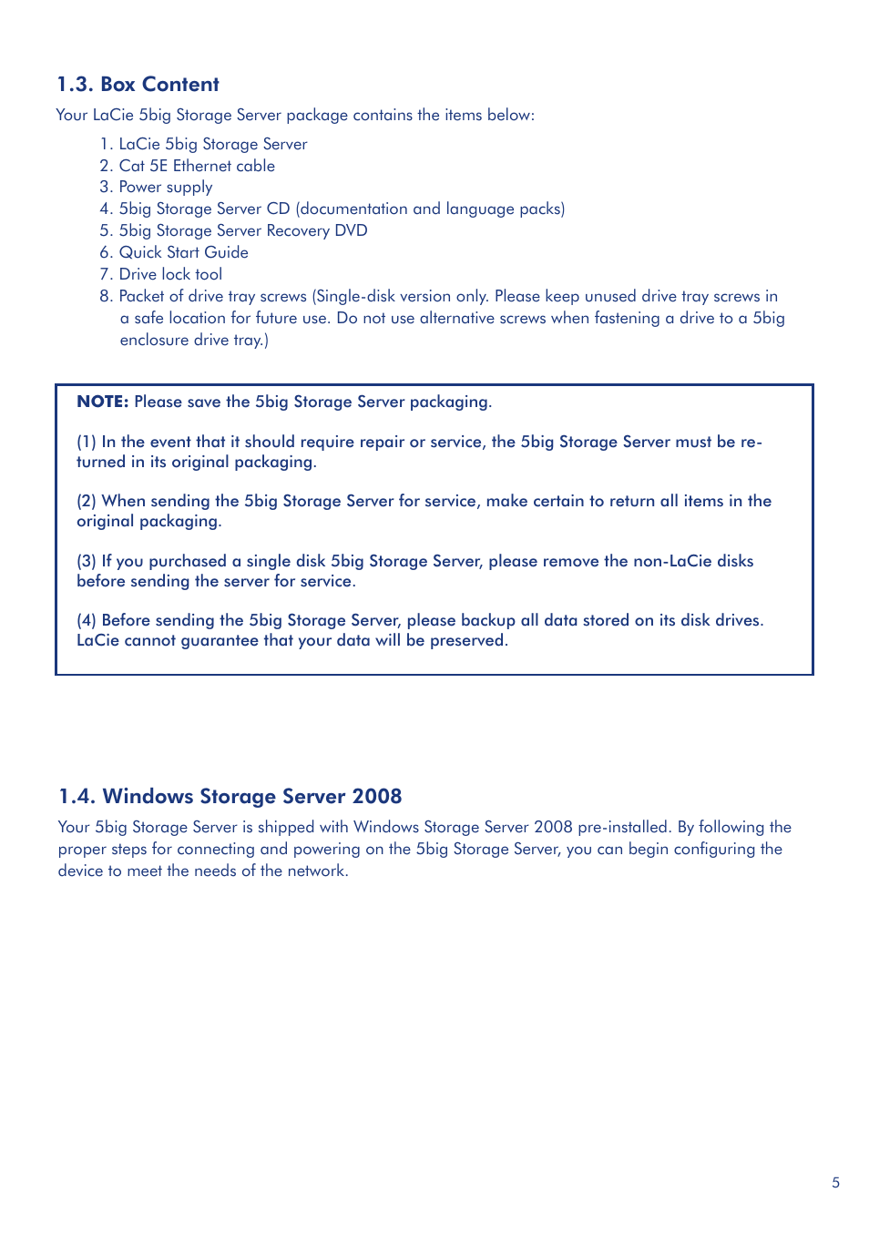 Box content, Windows storage server 2008 | LaCie 5big Storage Server User Manual | Page 5 / 20