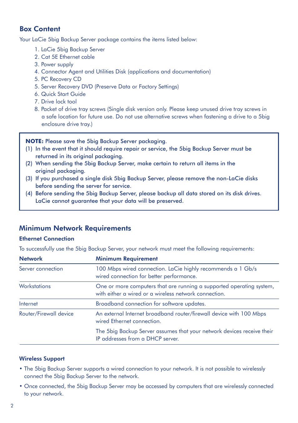 Box content, Minimum network requirements | LaCie 5big Backup Server User Manual | Page 2 / 9
