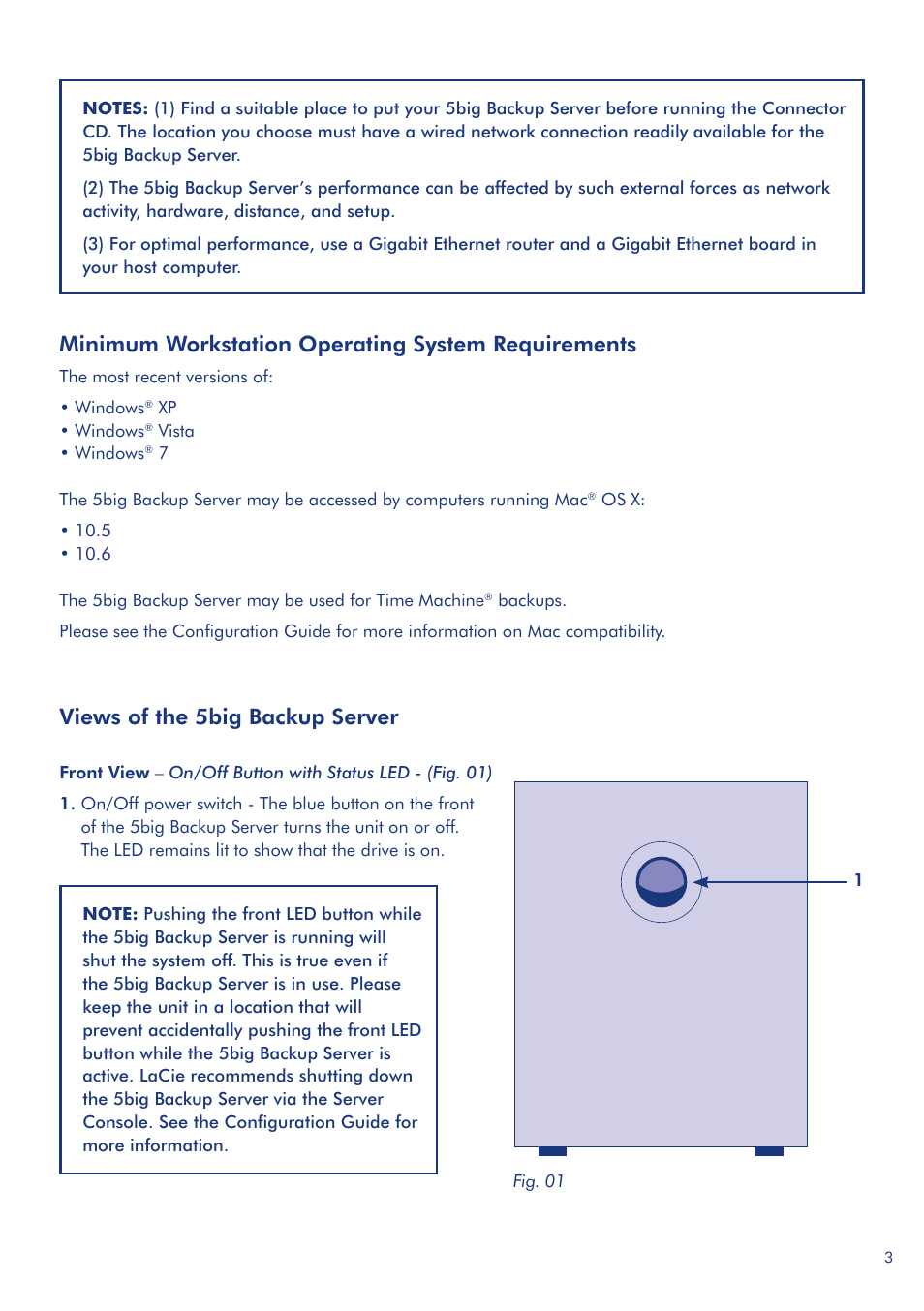 Minimum workstation operating system requirements, Views of the 5big backup server | LaCie 5big Backup Server User Manual | Page 3 / 9