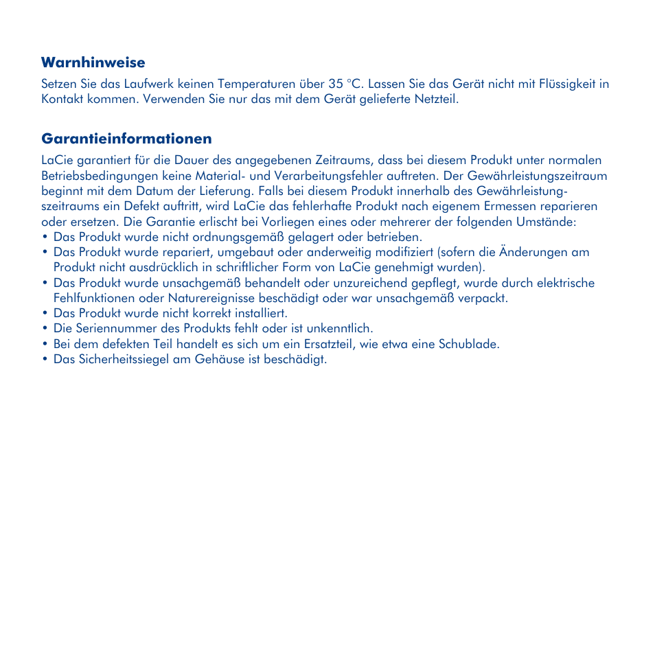 Lacie desktop hard disk, Installationsanleitung, Warnhinweise | Garantieinformationen | LaCie Hard Disk MAX User Manual | Page 13 / 44