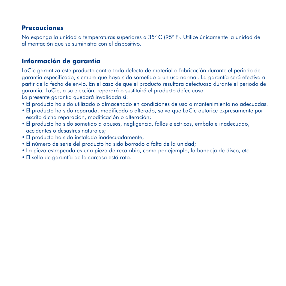 Lacie desktop hard disk, Guía de instalación rápida, Precauciones | Información de garantía | LaCie Hard Disk MAX User Manual | Page 15 / 44