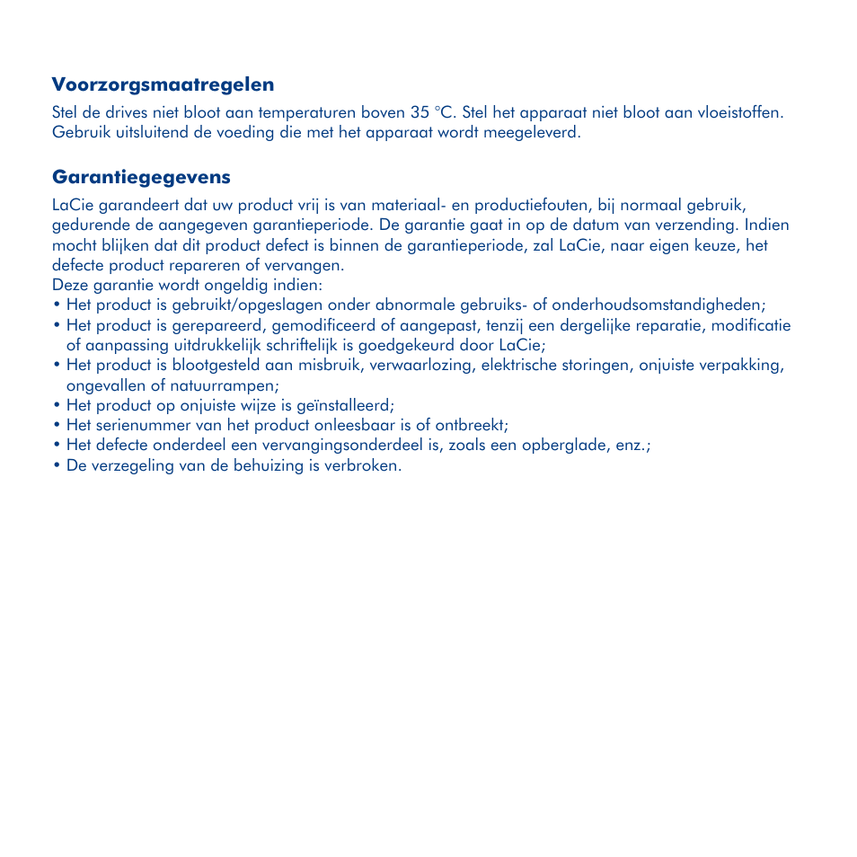 Lacie desktop hard disk, Beknopte installatiehandleiding, Voorzorgsmaatregelen | Garantiegegevens | LaCie Hard Disk MAX User Manual | Page 17 / 44