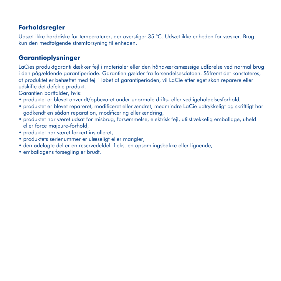 Lacie desktop hard disk, Lynvejledning til installation, Forholdsregler | Garantioplysninger | LaCie Hard Disk MAX User Manual | Page 23 / 44