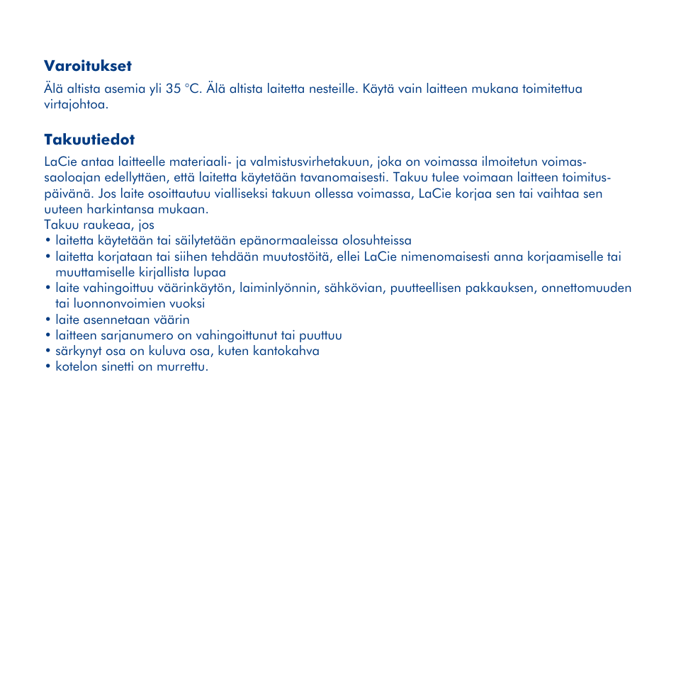 Lacie desktop hard disk, Pika-asennusopas, Varoitukset | Takuutiedot | LaCie Hard Disk MAX User Manual | Page 25 / 44