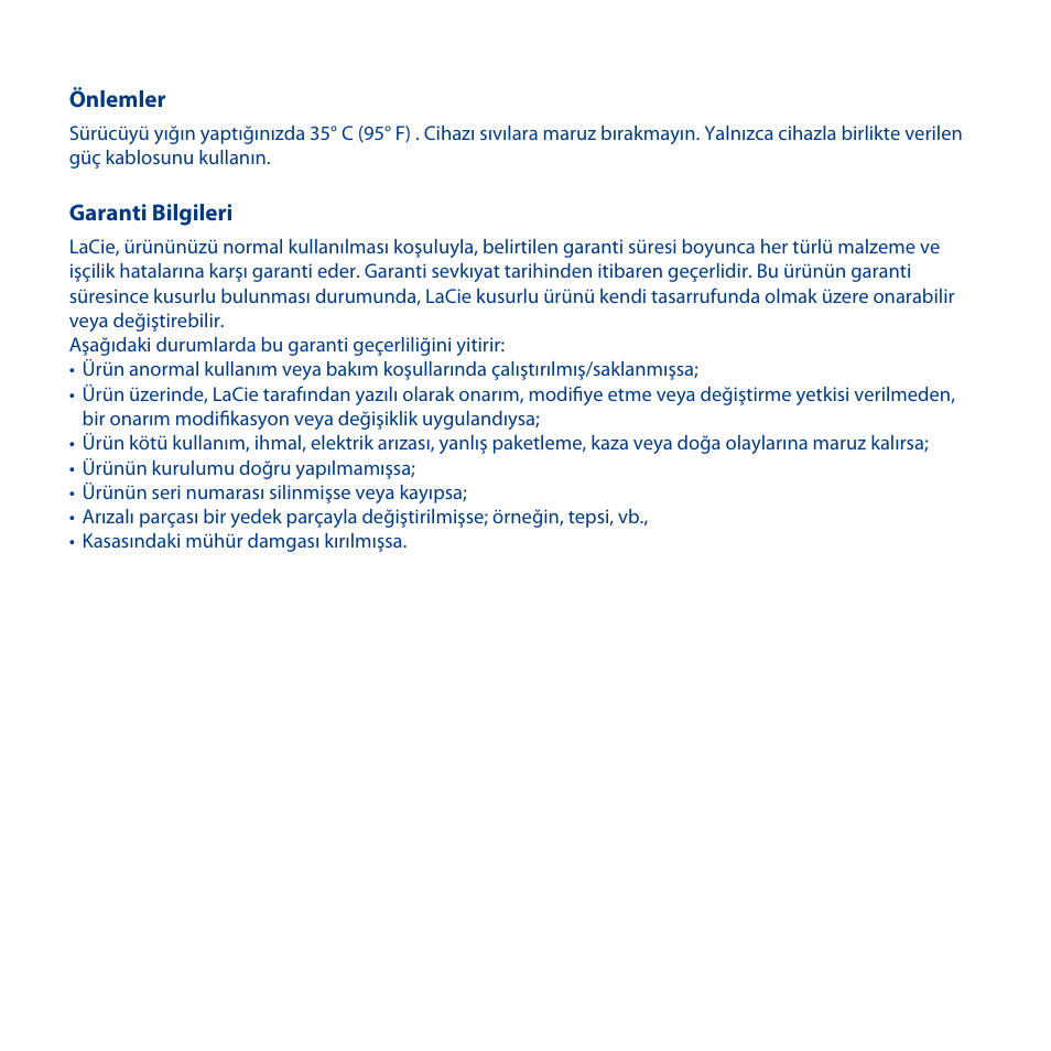 Lacie desktop hard disk, Hızlı kurulum kılavuzu, Önlemler | Garanti bilgileri | LaCie Hard Disk MAX User Manual | Page 39 / 44