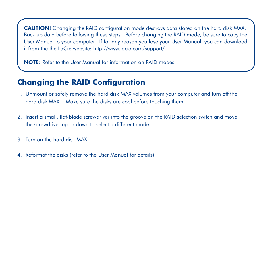 Changing the raid configuration | LaCie Hard Disk MAX User Manual | Page 6 / 44