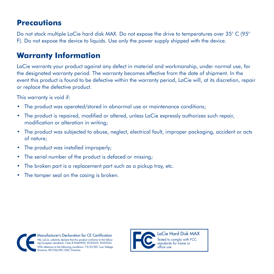 Precautions, Warranty information | LaCie Hard Disk MAX User Manual | Page 7 / 44