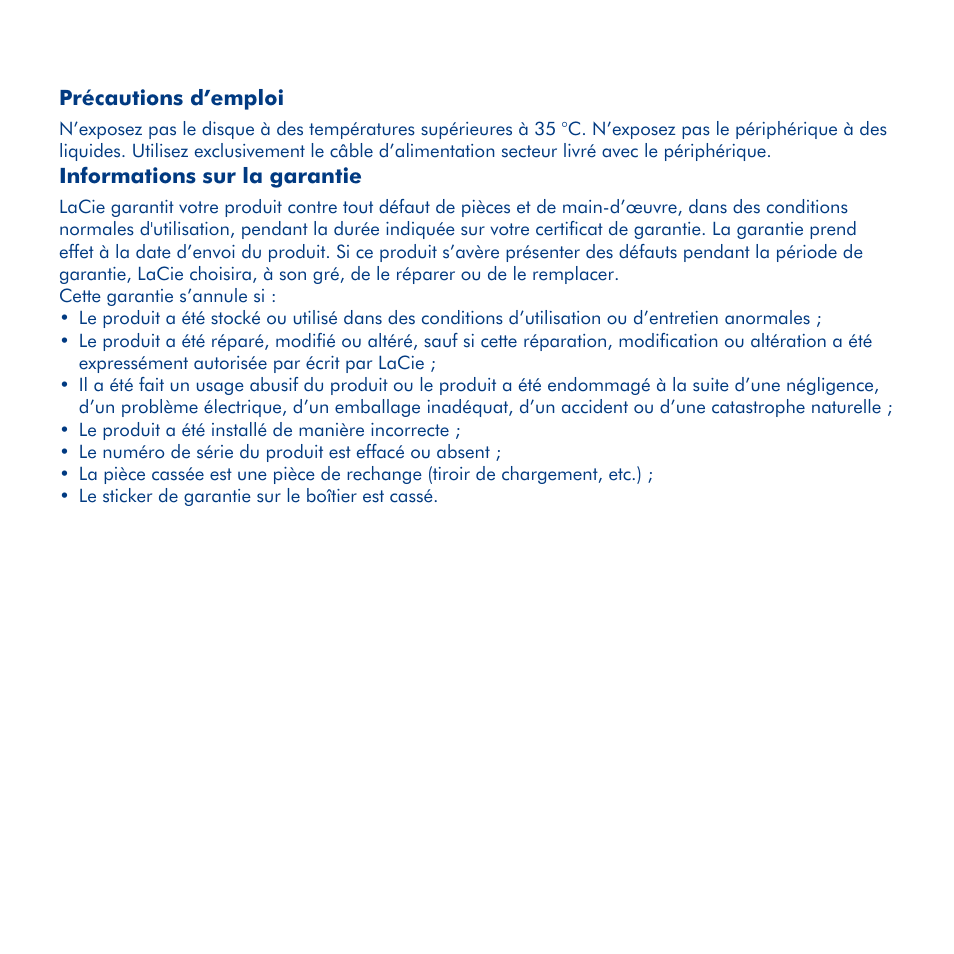 Lacie desktop hard disk, Guide d’installation rapide, Précautions d’emploi | Informations sur la garantie | LaCie Hard Disk MAX User Manual | Page 9 / 44