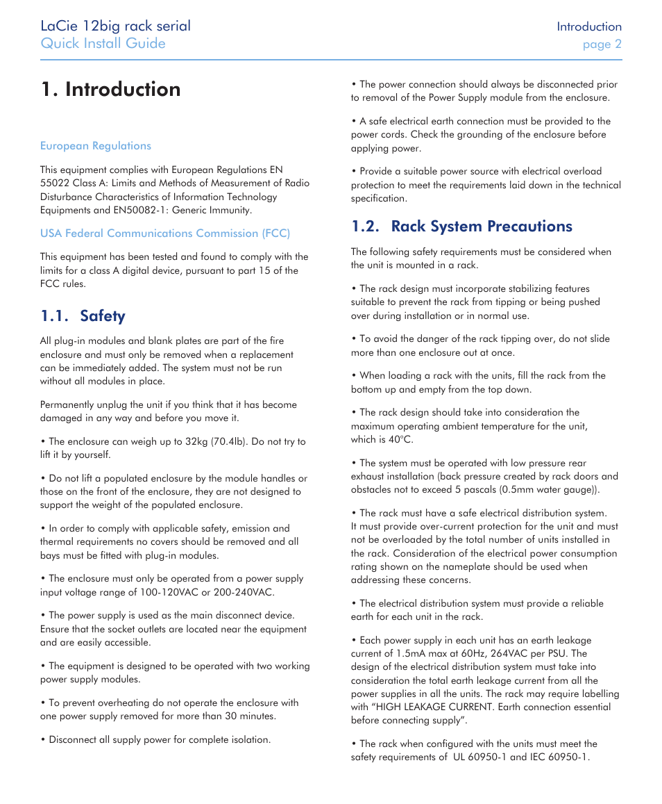 Introduction 1, Safety 1.1, Rack system precautions 1.2 | Lacie 12big rack serial, Quick install guide | LaCie 12big rack Serial User Manual | Page 2 / 11