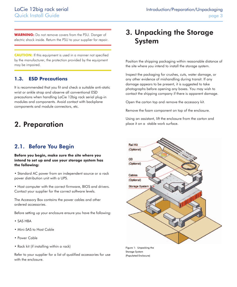 Preparation 2, Unpacking the storage 3. system, Before you begin 2.1 | LaCie 12big rack Serial User Manual | Page 3 / 11