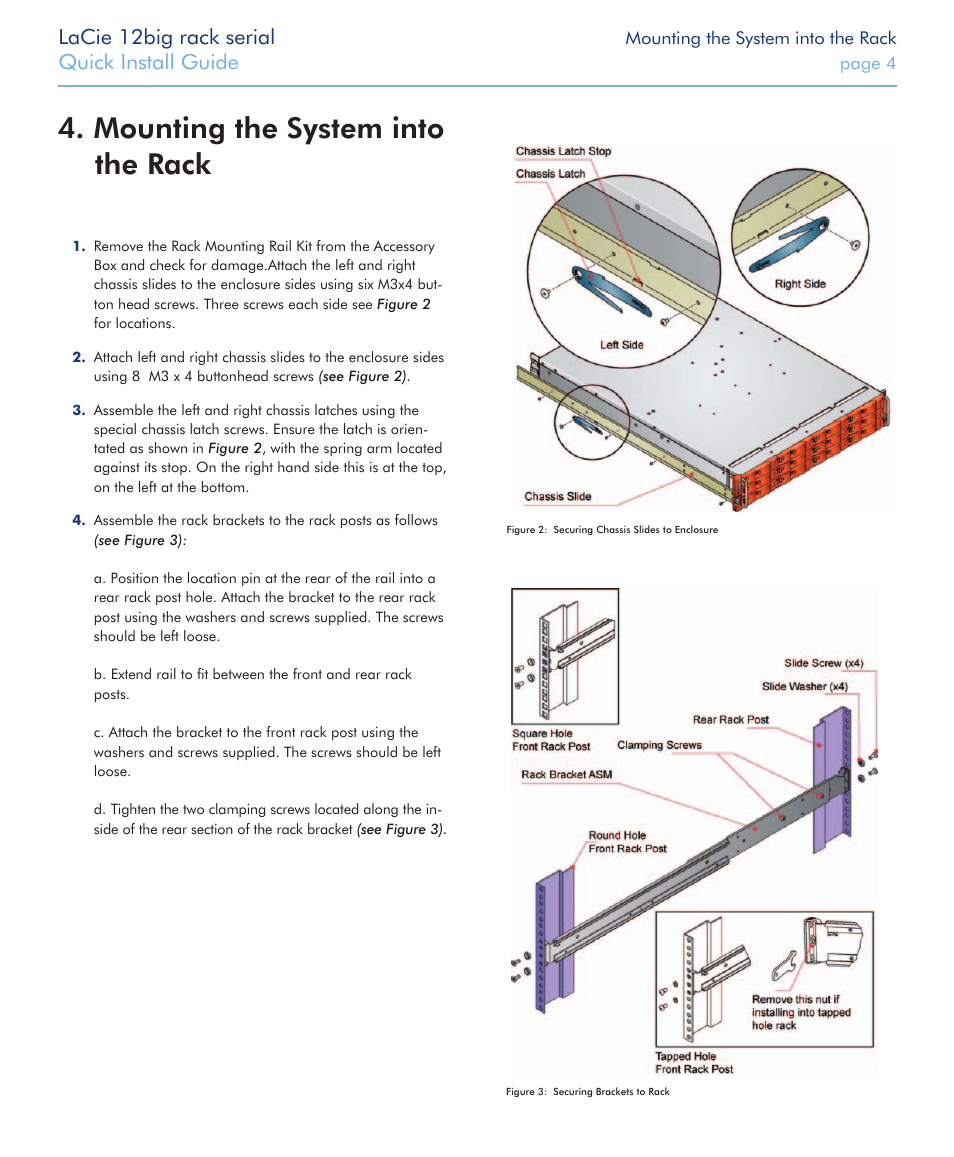 Mounting the system into 4. the rack, Lacie 12big rack serial, Quick install guide | LaCie 12big rack Serial User Manual | Page 4 / 11