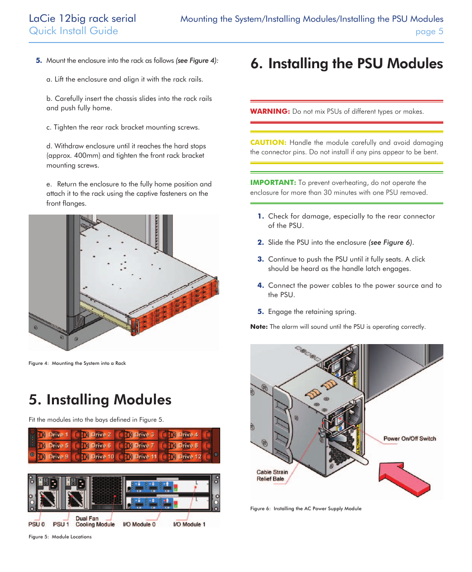 Installing modules 5, Installing the psu modules 6, Lacie 12big rack serial | Quick install guide | LaCie 12big rack Serial User Manual | Page 5 / 11