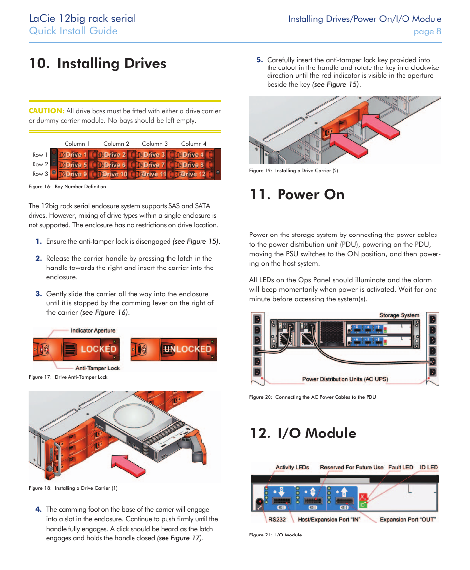 Installing drives 10, Power on 11, I/o module 12 | Lacie 12big rack serial, Quick install guide | LaCie 12big rack Serial User Manual | Page 8 / 11