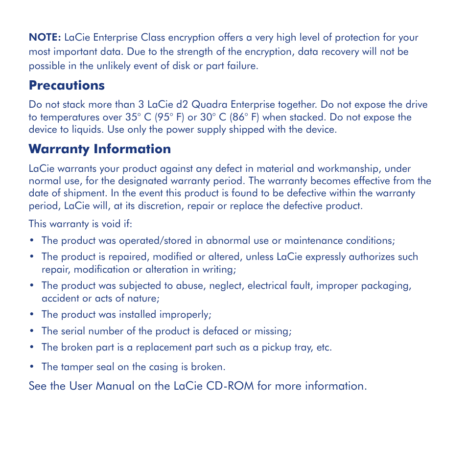 Precautions, Warranty information | LaCie d2 Quadra User Manual | Page 6 / 24