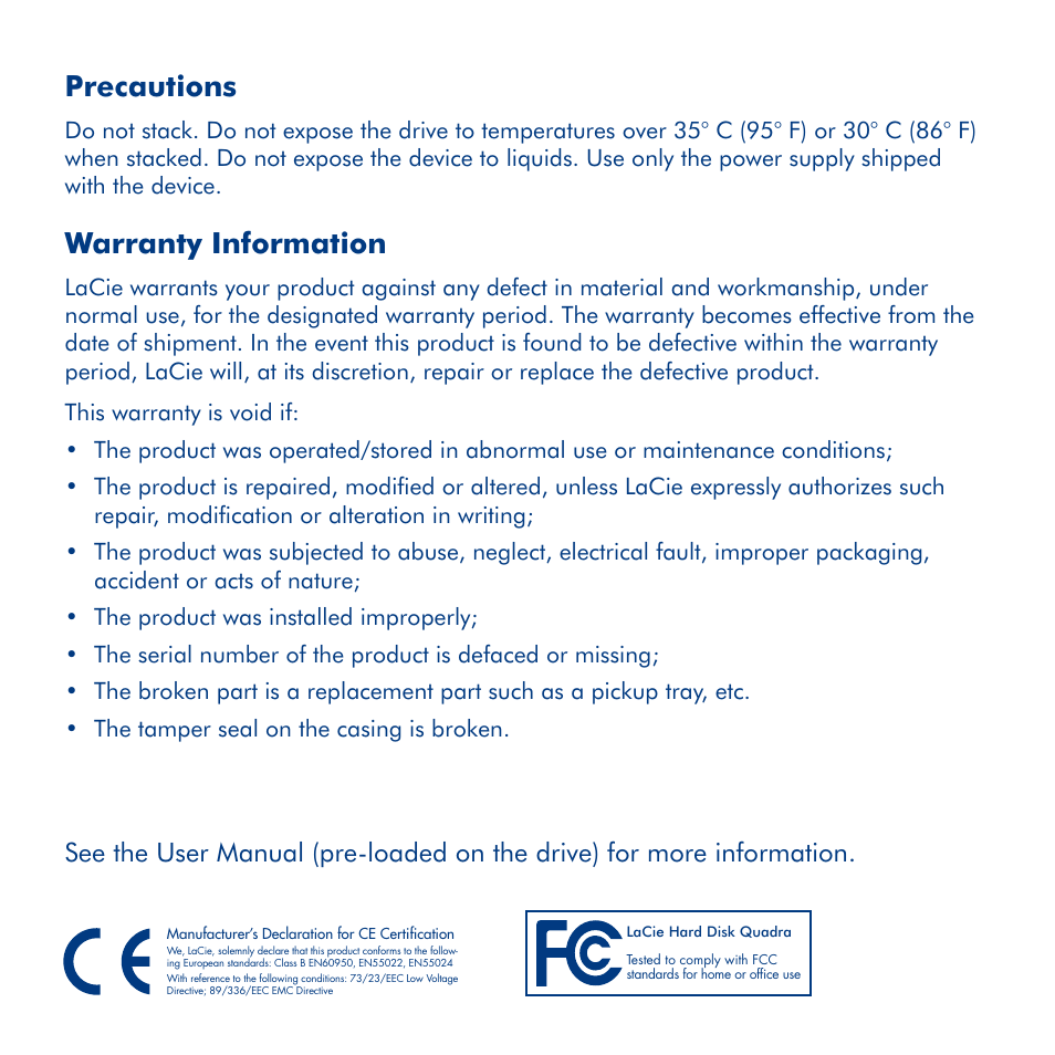 Precautions, Warranty information | LaCie Hard Disk Quadra User Manual | Page 6 / 24