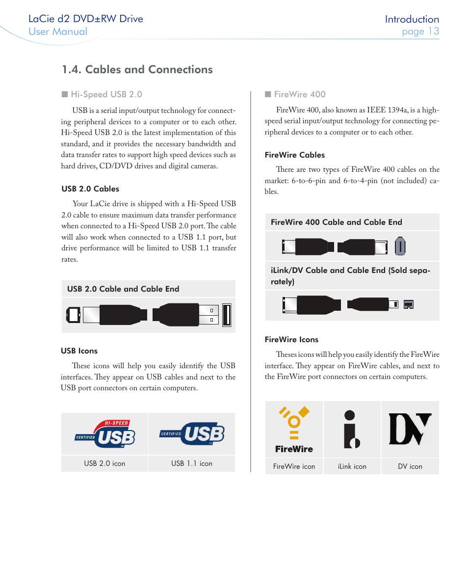 Cables and connections | LaCie 400USB User Manual | Page 14 / 39