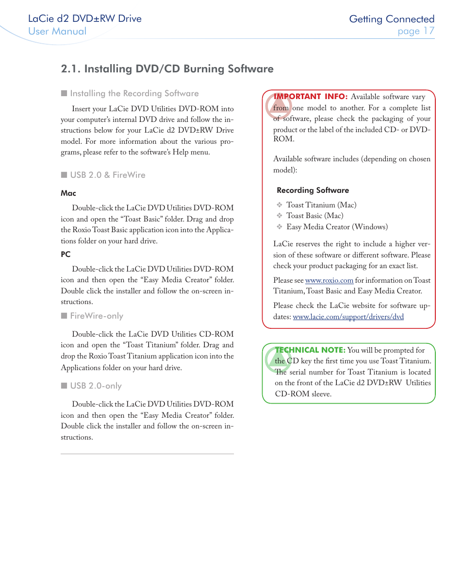 Installing dvd/cd burning software | LaCie 400USB User Manual | Page 18 / 39